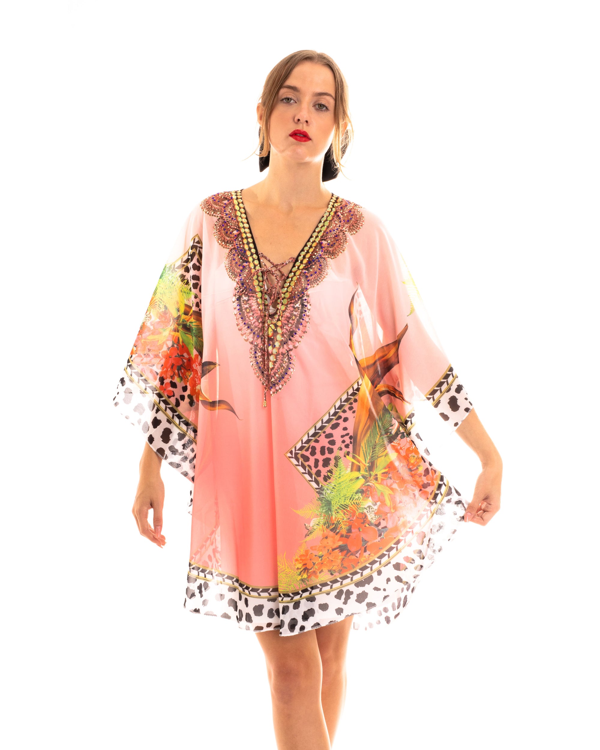 Leopard scarf print chiffon kaftan Top in pink