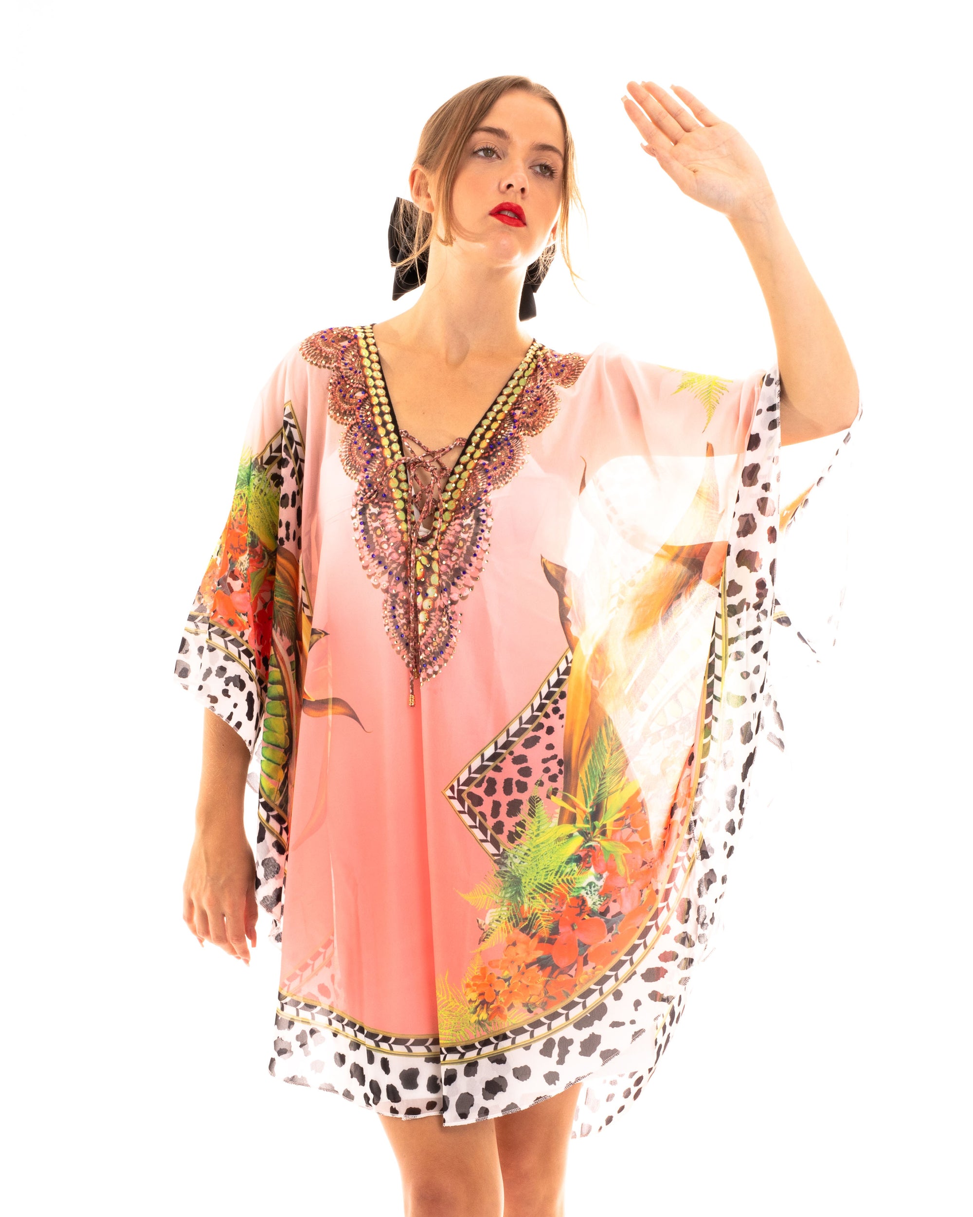 Leopard scarf print chiffon kaftan Top in pink