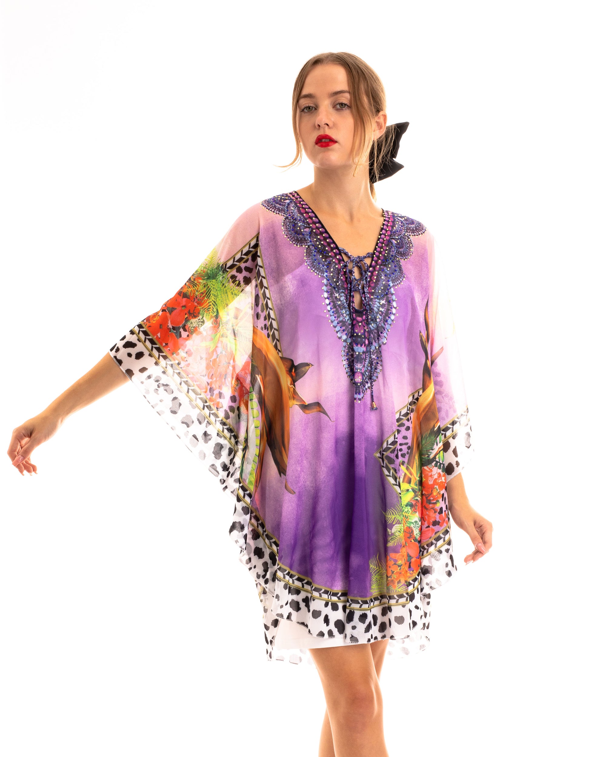 Leopard scarf print chiffon kaftan Top in purple