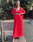 Strappy Chiffon Maxi Dress with Sequin waist (Red)