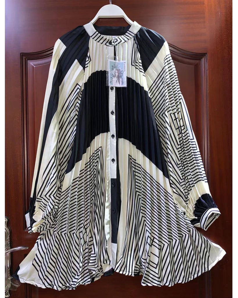 Black and White Stripe Scarf print Full pleated Shirt dress – CYLONDON