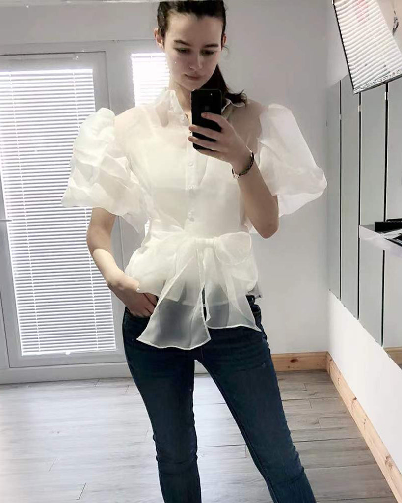 Organza shirt with big bow belt design in White – CYLONDON
