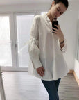 Oversized Ballon sleeves with tie up cotton blend shirt dress in white