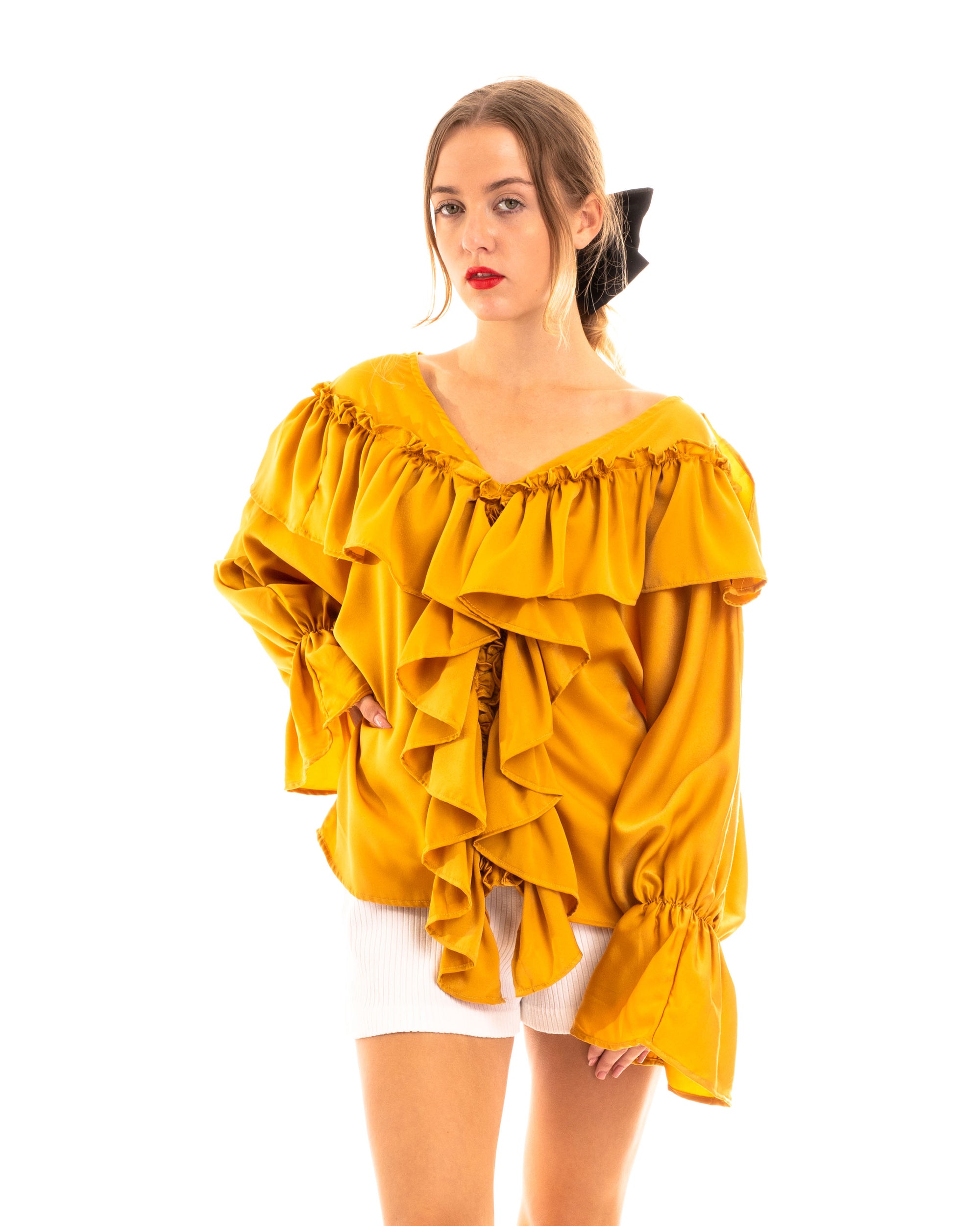 Front Frill detail long sleeves blouse top in mustard yellow