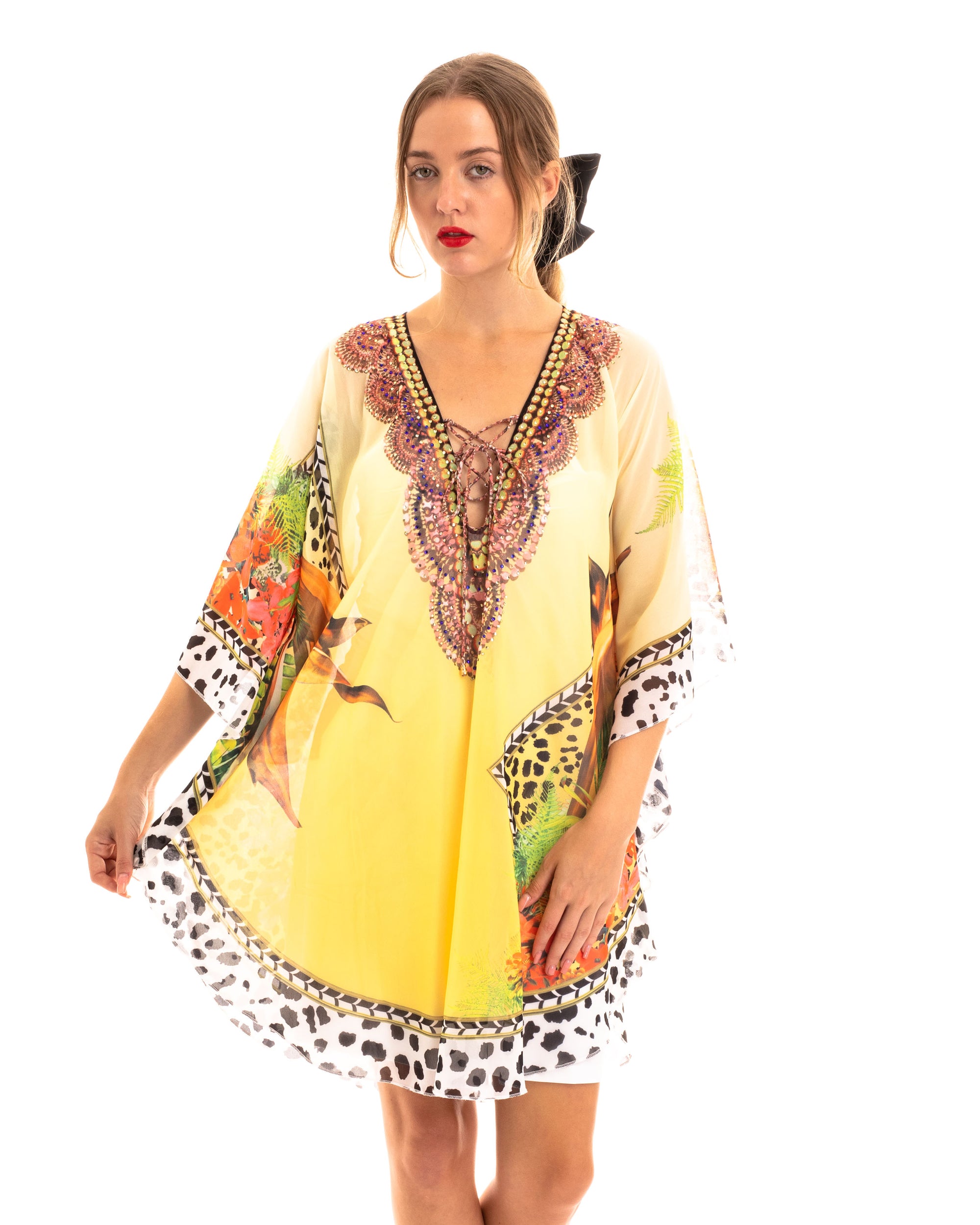 Leopard scarf print chiffon kaftan Top in yellow