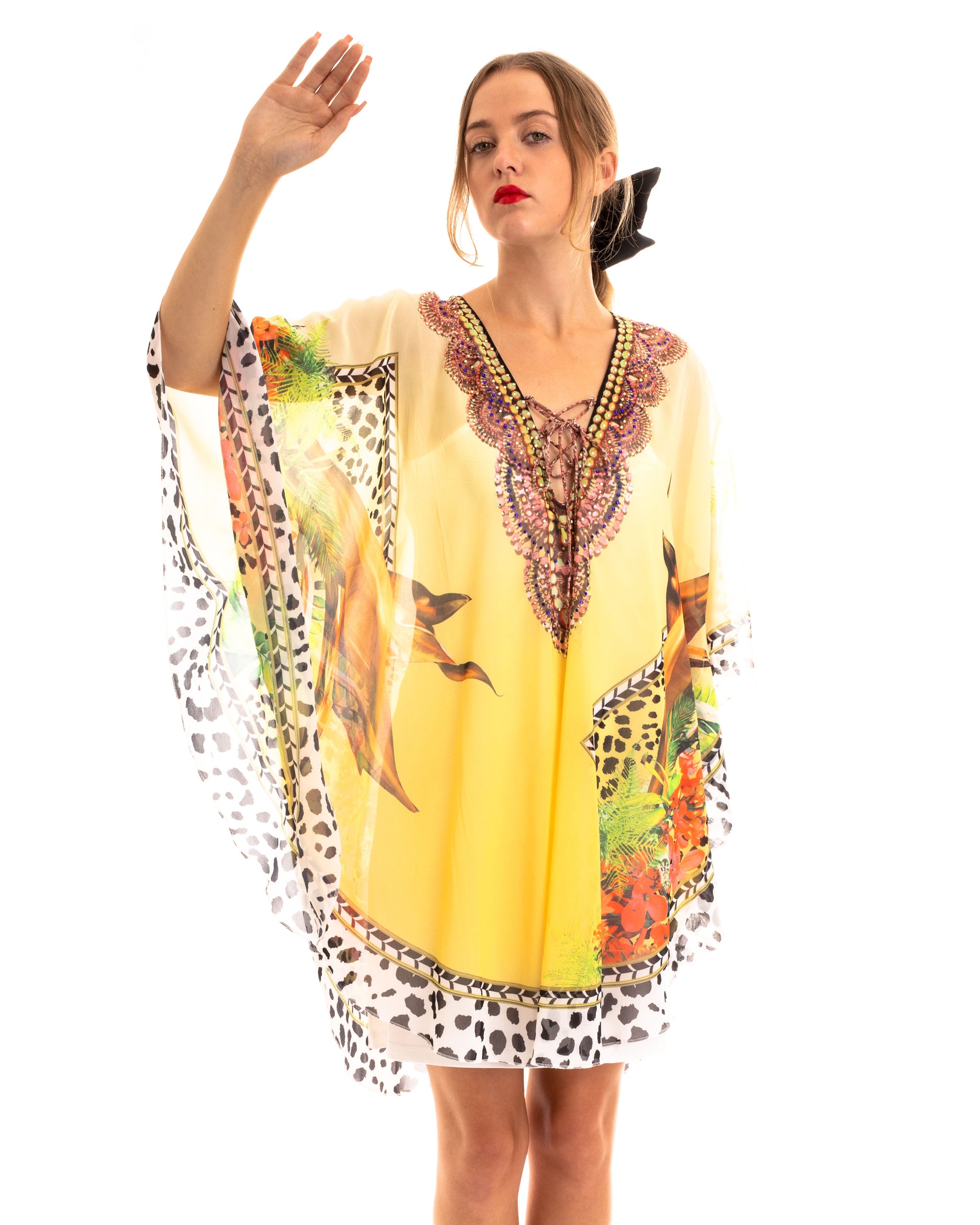 Leopard scarf print chiffon kaftan Top in yellow