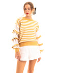 Multi layer ruffle sleeves yellow white color stripe jumper top