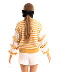 Multi layer ruffle sleeves yellow white color stripe jumper top